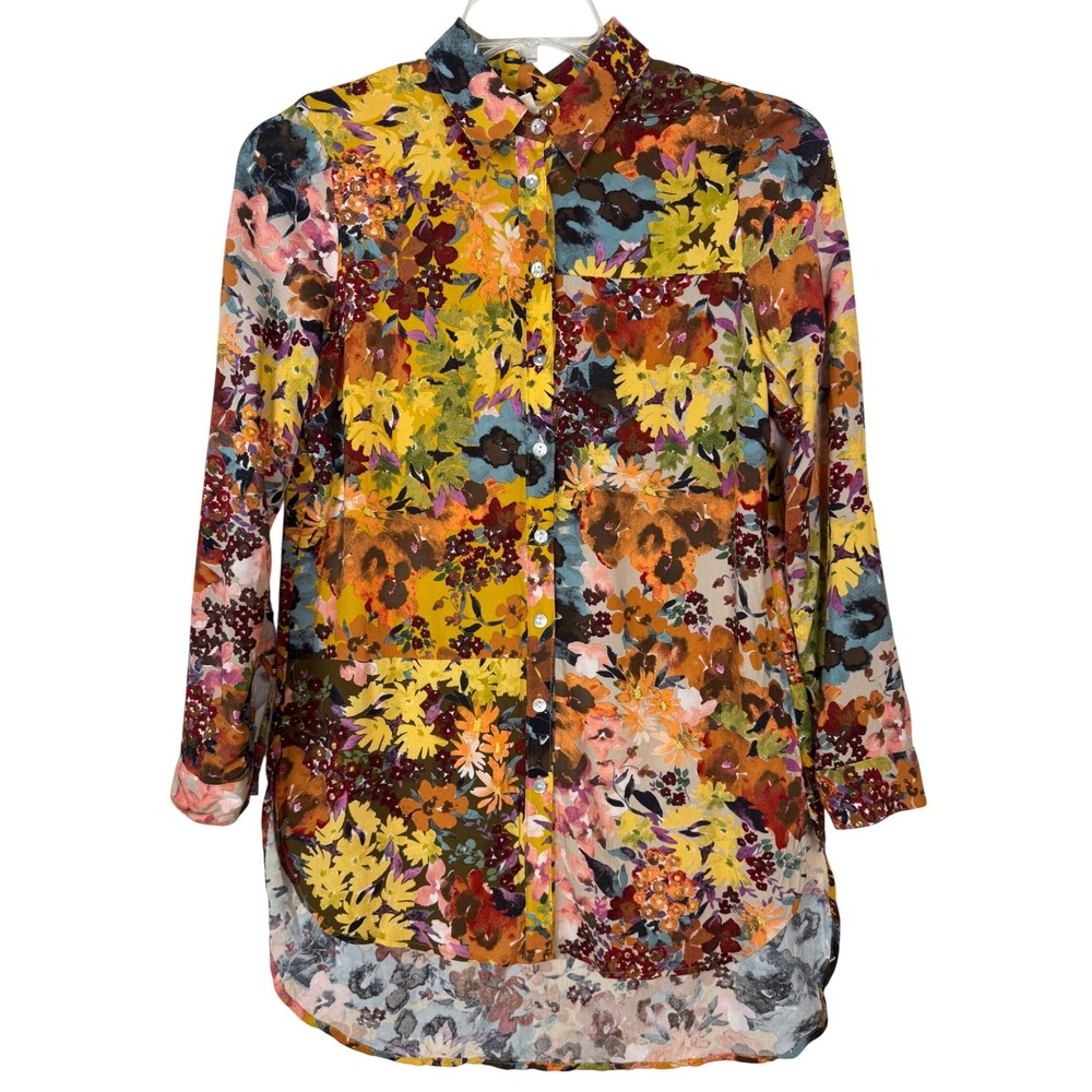 Fig and Flower Button Down Shirt Womens Small Multicolor Floral‎ High-Low Blouse